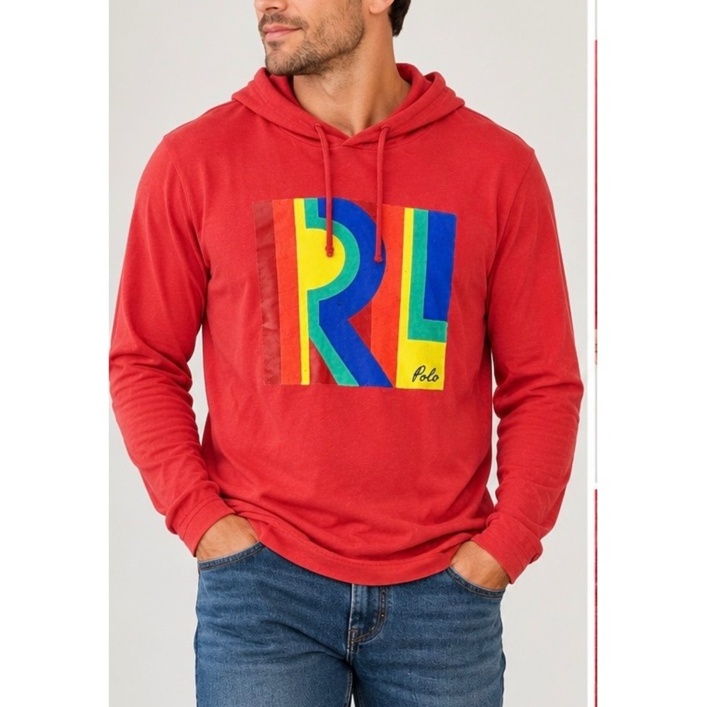 Polo Ralph Lauren Mens Red RL Graphic Logo Hooded T-Shirt Hoodie Small Cotton